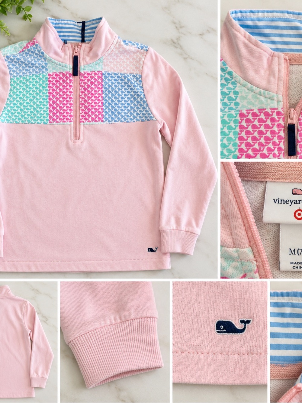 Vineyard Vines x Target Girls Quarter Zip Pullover Size 7/8 Pink Whale Print